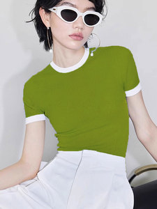 牛油果绿色短袖t恤女夏季设计感小众紧身撞色冰丝针织衫正肩上衣
