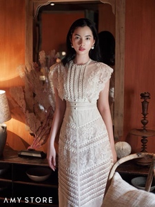 越南小众设计师品牌夏季新款蕾丝复古高腰名媛长款连衣裙A173
