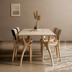 白蜡木岩板餐桌椅组合北欧原木风家用小户型餐厅长方形飞鸟吃饭桌
