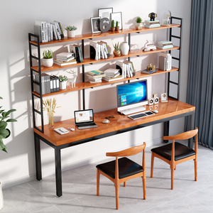 简约实木书桌书架一体桌组合书柜电脑台式桌家用双人长条桌写字桌