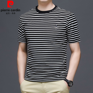 皮尔卡丹新款男士短袖t恤细条纹100%纯棉夏季黑白撞色时尚圆领T衫