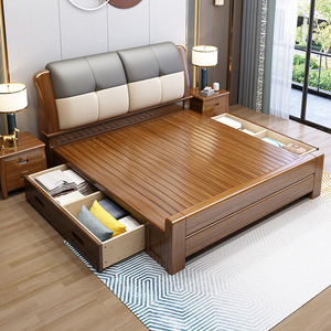 百洛斯胡桃木实木床1.8m双人床现代简约主卧婚床软靠高箱储物床