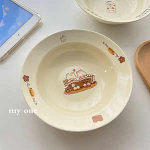 myone*陶瓷盘子餐具家用可爱卡通个性意面深盘菜盘水果沙拉轻食碗