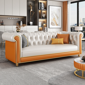 美式轻奢沙发小户型客厅直排现代高档美容院欧式拉扣三人皮艺沙发