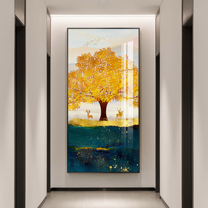 北欧玄关装饰画竖版走廊过道挂画简约抽象黄金树晶瓷壁画客厅墙画