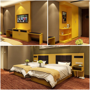 北京酒店宾馆板式标间全套家具床 电脑桌电视背景柜床头柜软包床