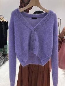 香芋紫色马海毛短款毛衣外套女2023秋冬季小个子羊绒针织开衫上衣
