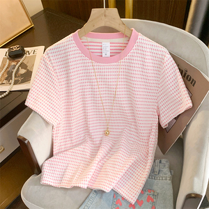 粉色小格子短袖圆领t恤衫女2024年夏季新款温柔减龄正肩打底上衣