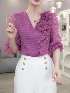 高级韩版时尚立体花朵紫色上衣2024春夏新款宽松显瘦气质雪纺小衫