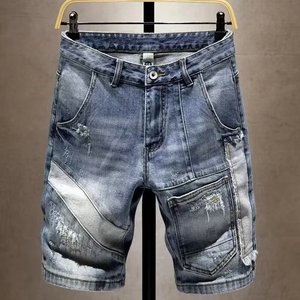 个性时尚牛仔短裤男夏季薄款拼接工装多口袋修身破洞补丁五分马裤