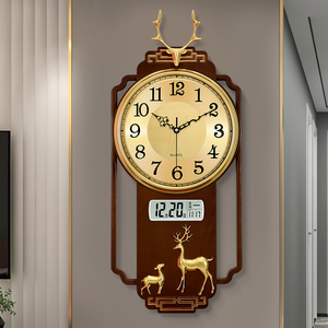 新中式鹿头挂钟客厅家用带日历时尚大气免打孔挂墙时钟表网红轻奢
