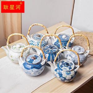 虎山窑日式手绘提梁壶釉下彩复古陶瓷茶壶壶盖带滤网功夫茶具套装