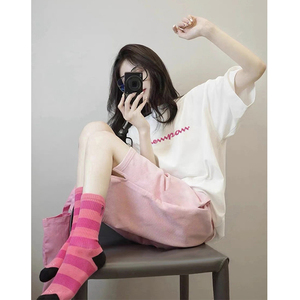 韩盐系2024年休闲运动服个性女夏季时尚洋气宽松学生纯棉短袖T恤