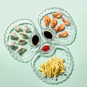 玻璃饺子盘家用2023新款扇形水饺专用盘蘸料盘子带醋碟减脂分餐盘