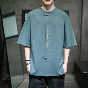 亚麻短袖t恤男薄款衬衫中国风刺绣夏季中式唐装大码半袖棉麻衣服