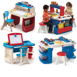 美国进口STEP2儿童书桌椅组合宝宝塑料学习桌带椅子双人绘画桌子