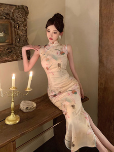 新中式国风绝美无袖印花改良版旗袍高级感晚礼服连衣裙女2024新款