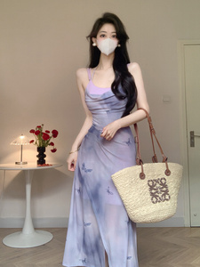 新中式轻国风紫色水墨蝴蝶晕染吊带连衣裙女夏季超仙网纱显瘦长裙