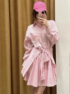 法国maje fu代购连衣裙2024春夏甜美粉色条纹衬衫裙MFPRO03476