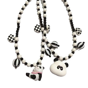 卡通可爱呆萌熊猫PANDA公仔吊坠手作黑白珠子少女项链颈链锁骨链