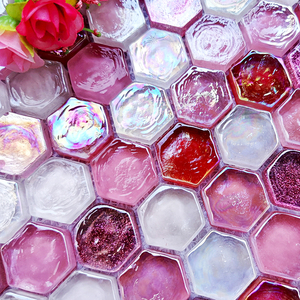 六角粉色琉璃水晶玻璃马赛克客厅背景墙卫生间墙贴吧台砖扇形装饰