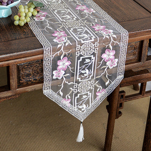 桌旗新中式蕾丝刺绣茶旗中国风电视柜盖布高档床旗茶席长条餐桌布