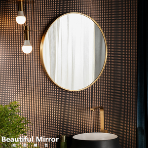 全铜圆形简约挂墙式黄铜卫浴镜子仿雾带灯卫生间洗漱台装饰镜子