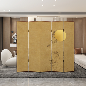 新中式禅意屏风隔断客厅会所可折叠移动竹林月亮家用遮挡实木折屏