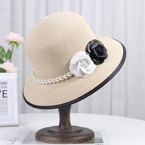 夏天法式复古优雅黑白色珍珠花朵渔夫帽女赫本风盆帽出游遮阳礼帽