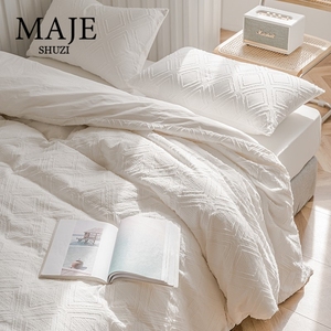意大利MAJE床上四件套美式纯棉水洗棉全棉裸睡床品床单白色被套4