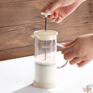 家用手动打奶泡机牛奶打发搅拌器玻璃杯咖啡红茶拉花透明带刻度