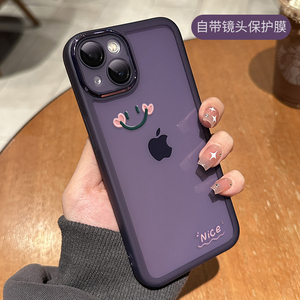 ins风适用苹果15promax手机壳iphone14紫色透明笑脸13简约12pro女款XSMAX新款带镜头膜XR全包8P防摔7plus套男