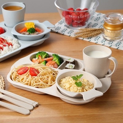 套餐便携式分隔儿童碗筷麦秸餐厅套装六件套外带盘子餐盘外出杯子