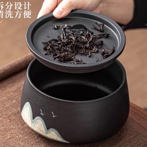 日式茶洗带盖建水茶具配件家用禅意复古黑陶瓷茶盆茶盂水盂茶渣缸