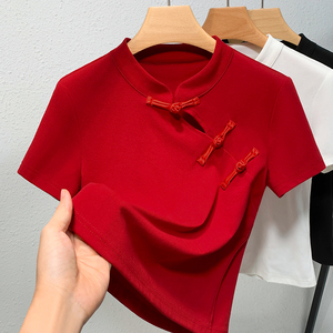 国风女装2024新款t恤红色新中式复古斜襟盘扣上衣夏季立领短袖女