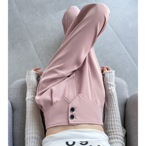 粉色窄版阔腿裤女夏季新款高级感垂感西装裤双扣高腰显瘦拖地长裤