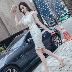 夏季2024新款女白色蕾丝性感气质法式轻奢连衣裙高腰修身包臀裙