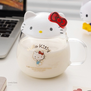 HelloKitty玻璃杯嗨喽kt水杯透明牛奶带盖手柄杯茶杯凯蒂猫把手杯