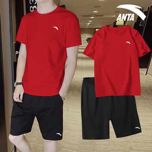 安踏红色运动套装男夏季薄款冰丝速干休闲跑步运动服宽松短袖短裤