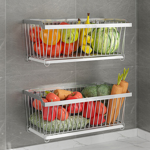 304不锈钢厨房果蔬置物架收纳筐壁挂式免打孔放调料蔬菜架菜篮子