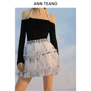 【明星同款】Ann teano 海的女儿系列黑色白色珍珠挂脖露肩上衣