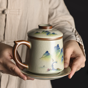 陶瓷茶水分离泡茶杯带过滤家用办公室个人专用杯汝窑开片可养茶杯