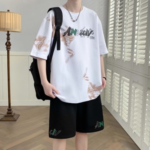 纯棉短袖t恤男初中高中学生夏季半袖短裤搭配一套青少年运动套装