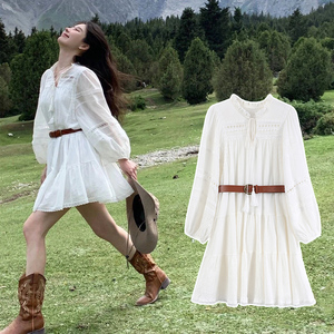 草原旅行西部牛仔穿搭连衣裙子女小白裙川西新疆旅游穿搭女装裙子