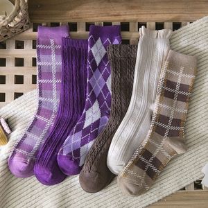 紫色袜子女中长高筒潮秋冬季涤棉堆堆袜美腿日系学院风简约格子