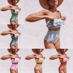 2020欧美女士分体泳衣不规则条纹荷叶边高腰女沙滩抹胸性感bikini