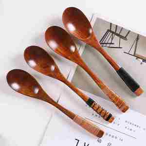 新日式木质出口餐具 长扁柄楠木缠线木勺子实木饭勺