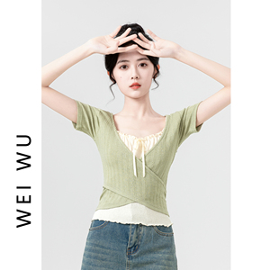 绿色假两件短袖T恤女夏2024新款小众设计感拼接绑带体恤短款上衣