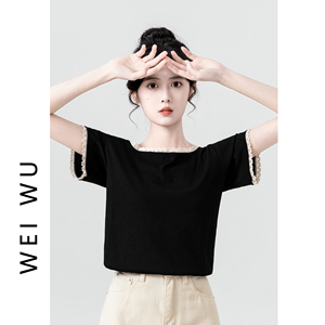 黑色方领短袖T恤女夏季2024新款设计感蕾丝拼接正肩体恤别致上衣