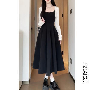 2024新款法式黑色吊带裙女赫本风气质大摆裙修身显瘦连衣裙两件套